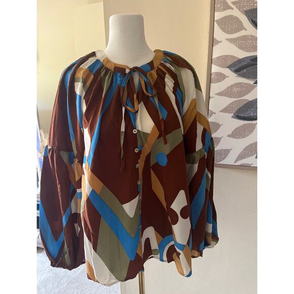 NWT August Sky Blouse Brown Blue Size Small - Picture 2 of 9